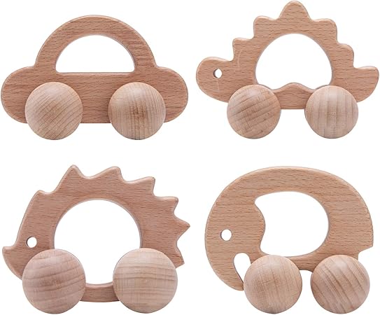 Amazon Promise Babe 赤ちゃん おもちゃ 木製押し車 4件セット ミニカー 天然木 無塗装 クルクル回転 乗り物おもちゃ 出産祝い ギフト 子供 誕生日プレゼント ミニカー ダイキャストカー おもちゃ