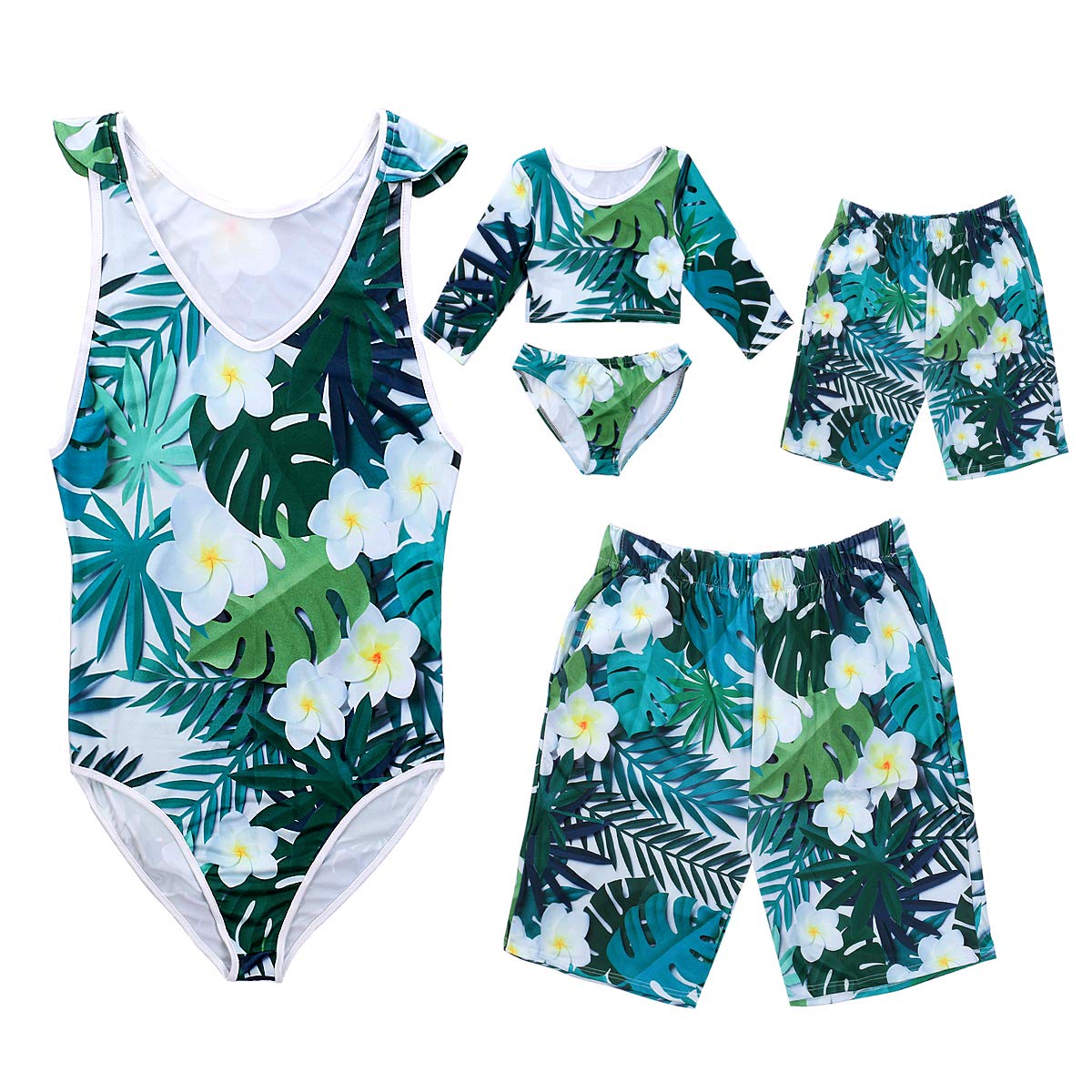 Family Matching Flower Leaf Print Bathing Suit Mommy&Girl Swimsuit Daddy&Boy Swim Shorts Trunks