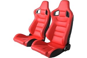 SEHAONOHOME Automotive Racing Sports Seats for Cars, 2PCS Universal PVC Leather Reclinable Racing Bucket Seats with Dual Sliders, Black with Orange Stitching (Red & Red)