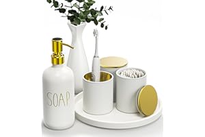 White Bathroom Accessories Set with Tray, 6pcs White and Gold Bathroom Accessory Sets, Glass Soap Dispenser and Toothbrush Ho