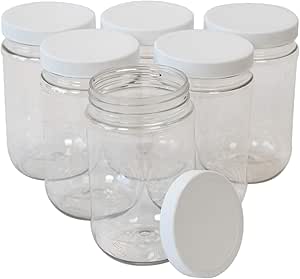 CSBD 16 Oz Clear Plastic Mason Jars With Ribbed Liner Screw On Lids, Wide Mouth, ECO, BPA Free, PET Plastic, Made In USA, Bulk Storage Containers, 6 Pack (16 Ounces)