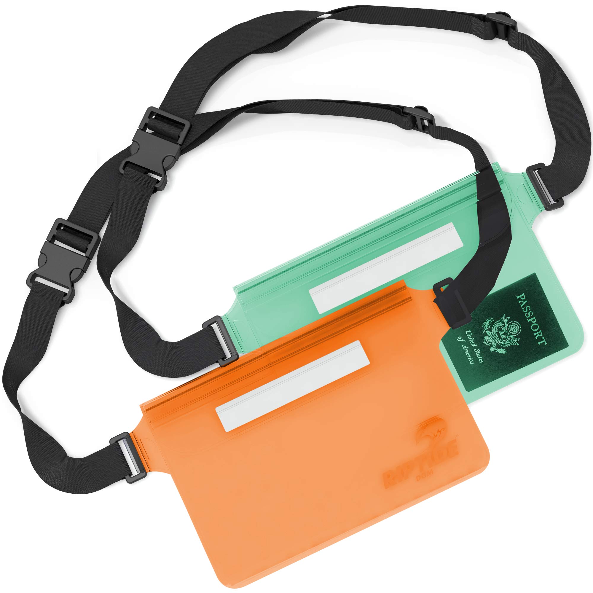 Riptide Waterproof Fanny Pack Pouch (2 Pack) for Men & Women Dry Bag Water Resistant with Adjustable Waist Strap - Protects Valuables at Water Sports (Sheer Green & Orange)