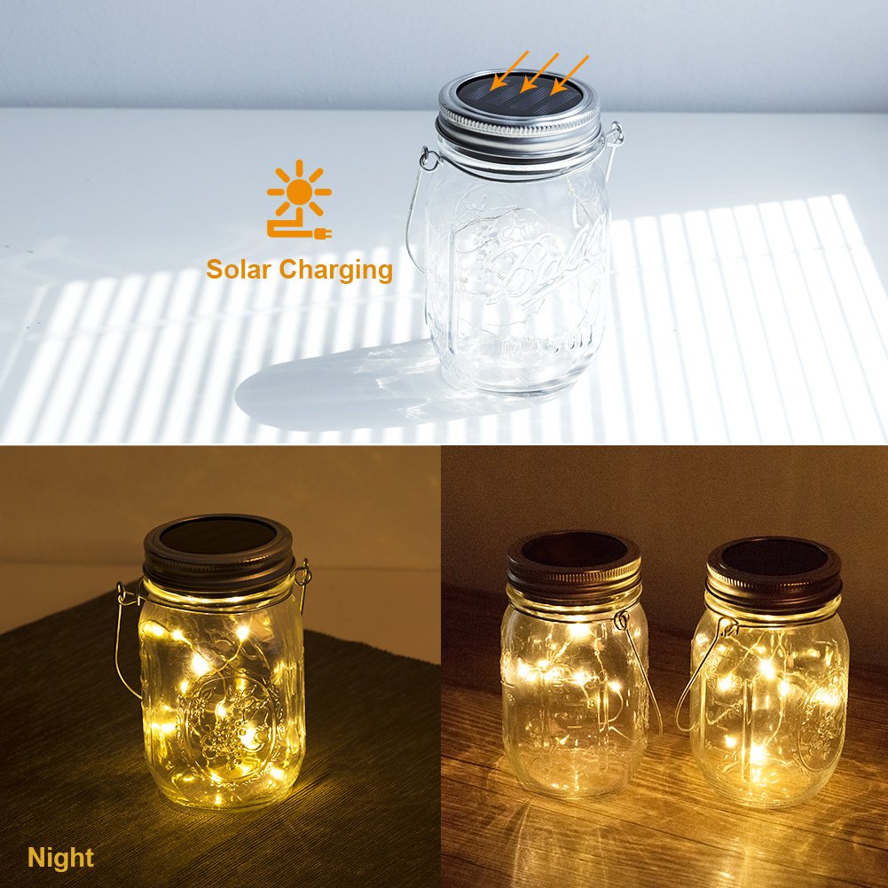 Mason Jar Licht, Solar Laterne 20Leds Lichterkett Glas Hängeleuchte Outdoor Solarlampe Balkon Tischleuchte für Außen,Dekoration für Zuhause Party Garten Hochzeit(Warmweiß)