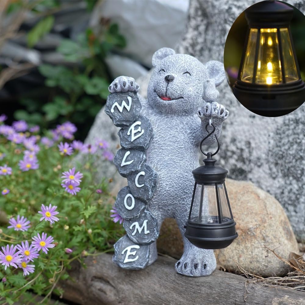 Youfui Solar Garden Outdoor Statues Bear with Solar Led Light- Welcome Lawn Decor Bear Statues for Patio, Balcony, Yard Ornament, Outdoor Figurine Light House Housewarming Gifts (Bear)