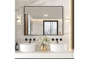 LOAAO 48"X36" Black Rectangle Bathroom Mirror Wall, Matte Black Aluminum Alloy Frame, Tempered Glass, Hangs Vertically or Horizontally, Easy to Install