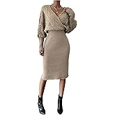 Floerns Women's Sweater Dress Wrap V Neck Long Sleeve Split Thigh Midi Dresses Fall Outfits