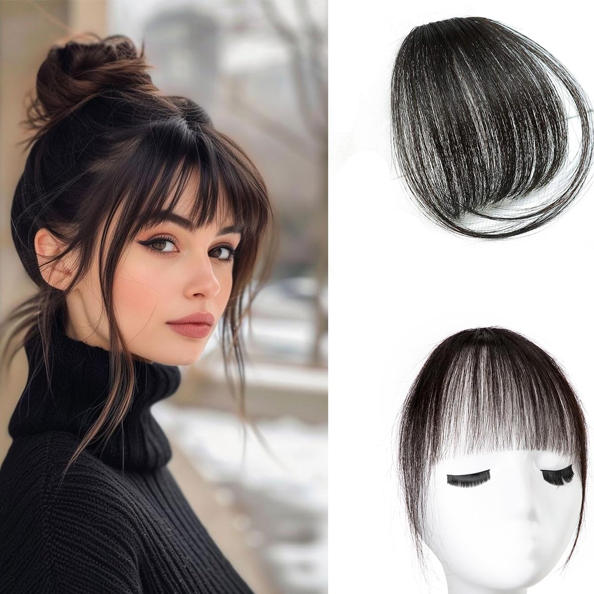 Bangs Hair Clip in Bangs 100% Real Human Hair Extensions Wispy Bangs French Bangs Clip on Bangs for Women Hairpieces Curved Bangs for Daily Wear (A-Natural Black, Air Bangs) โ image 1