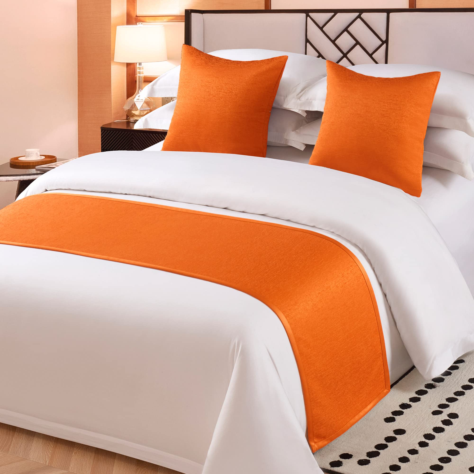 OSVINO Solid Bedding Scarf Luxury 100% Microfiber Anti-fade Bed Runner for Pets Bedroom Hotel Bedding Protector Slipcover, Orange, Single