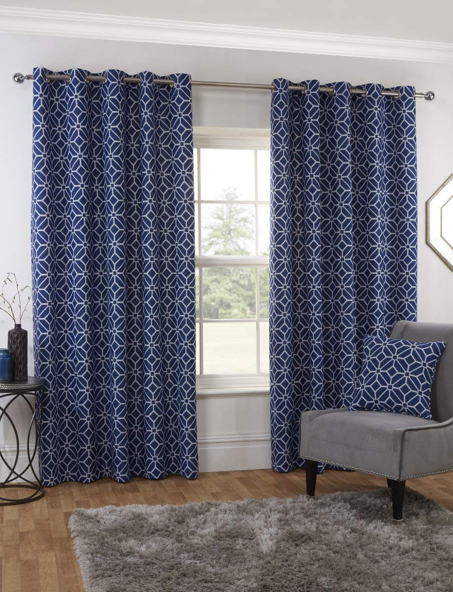 Sundour Kelso Navy Eyelet Curtains 46" x 90" Geometric Fully Lined Pair, 46" wide x 90" drop (117x229cm)