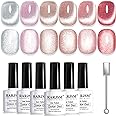 RARJSM Cat Eye Gel Nail Polish Set 6 Pcs Magnetic Sparkle Diamond Glitter Nude Pink Light Purple Red Silver Sheer Pink Velvet Ice Jelly Gel Polish with Magnet Stick UV LED Curing Requires Soak Off