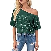 Haoohu Women Oversized Sequin Short Sleeve T-Shirt Casual Loose Fit Sparkle Shimmer Concert Disco Party Tee
