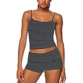 2pcs Women's Striped Outfits Sexy Sleeveless U-neck Backless Crop Tank Top Matching Fold Over Shorts Pajamas Set