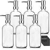 6 Pack Glass Soap Dispenser with Pump 17 oz Refillable Liquid Hand Soap Dispensers for Bathroom Kitchen Liquid Bottle with Labels for Dishwashing Soap Shampoo Body Wash Facial Cleanser Lotion,Clear