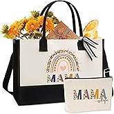 VeloKomo Mama Gift Tote Bags - 2pc Mother's Day Gifts Set for Mom Personalized Boho Leopard totes Hangbag with Canvas Makeup Bag for Women Lovers Her Appreciation Birthday Party Storage Present Suit