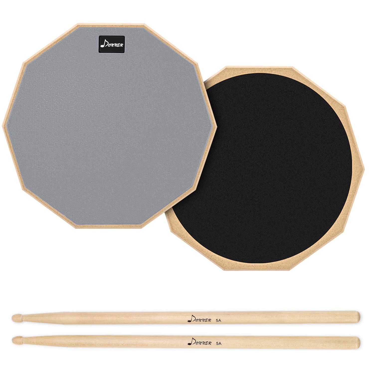Donner 12 Inches Drum Practice Pad, 2-Sided Silent Rubber Practice Pad with Drum Sticks, Gray