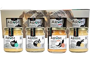 AROM Hummus Mix Box, 4 Jars of 200g, Classic Chickpea Hummus, Beet Hummus with Chickpeas, 3 Lentils Hummus, Spicy 3 Lentils w