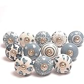 Eleet Assorted Ceramic Cabinet Knobs - Vintage Cabinet Cupboard Door &amp; Drawer Pulls Chrome Hardware (Ceramic Knobs Set of 12, Grey &amp; White)