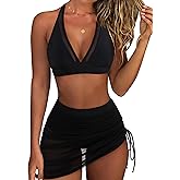 RXRXCOCO Mesh Halter High Waisted Bikini Sets for Women Tummy Control Swimsuits Two Piece Bathing Suits with Skirt