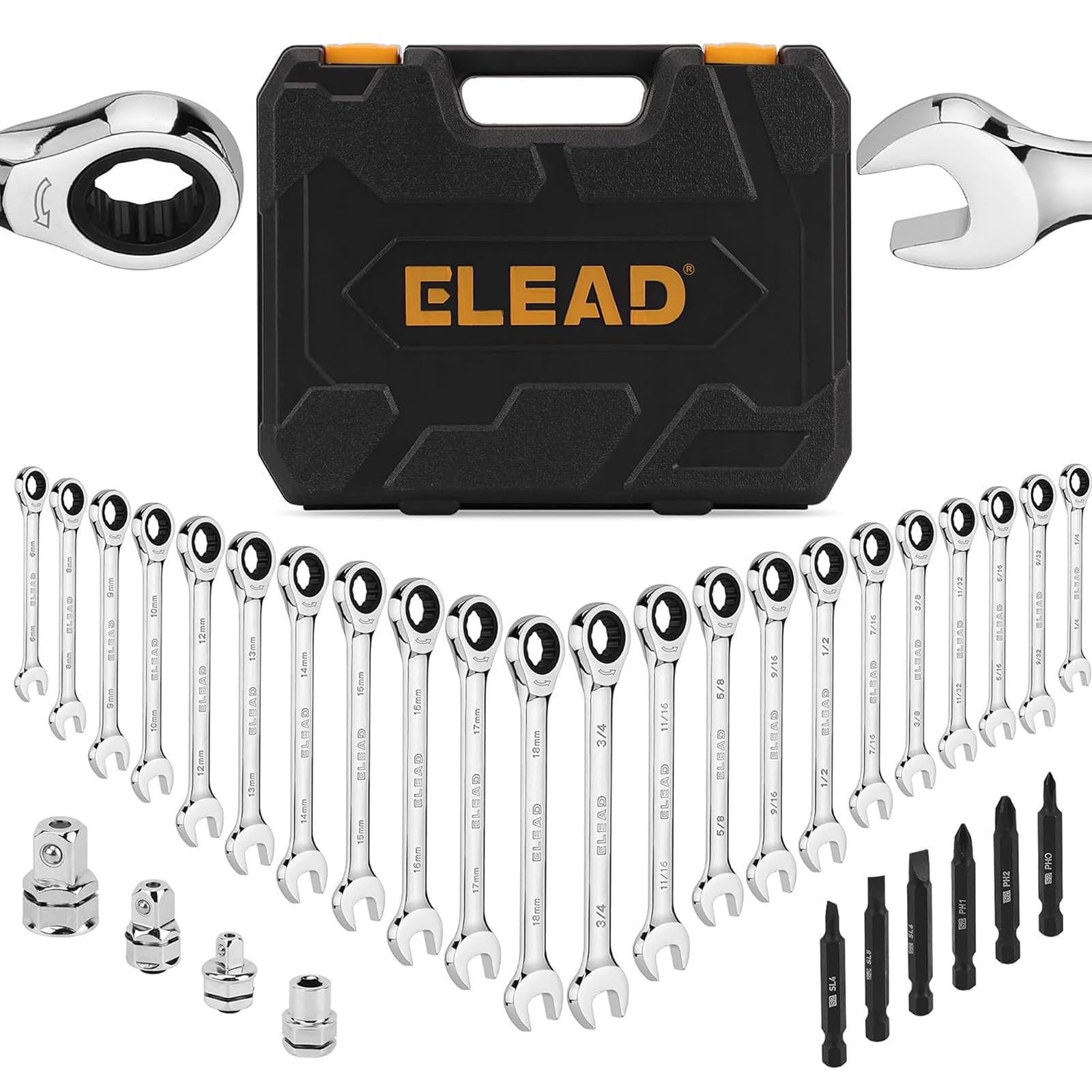 Photo 1 of ELEAD 33-Piece Combination Ratchet Wrench Set | CR-V Steel | SAE & Metric Sizes | 72-Tooth Gear Design | Organizer Carry Case | Ideal for Mechanics & DIY