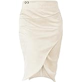 FLUFFY SENSE. Pencil Skirt for Women with Slit Tummy Control High Waist Wrap Suede Skirt Office Work Skirt with Pocket