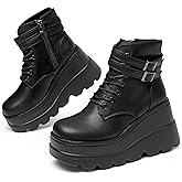 Gothniero Platform Goth Ankle Boots for Womem Black Holographic Combat Chunky Heel Boots with Side Zip Lace Up Wedge Booties US5.5-11