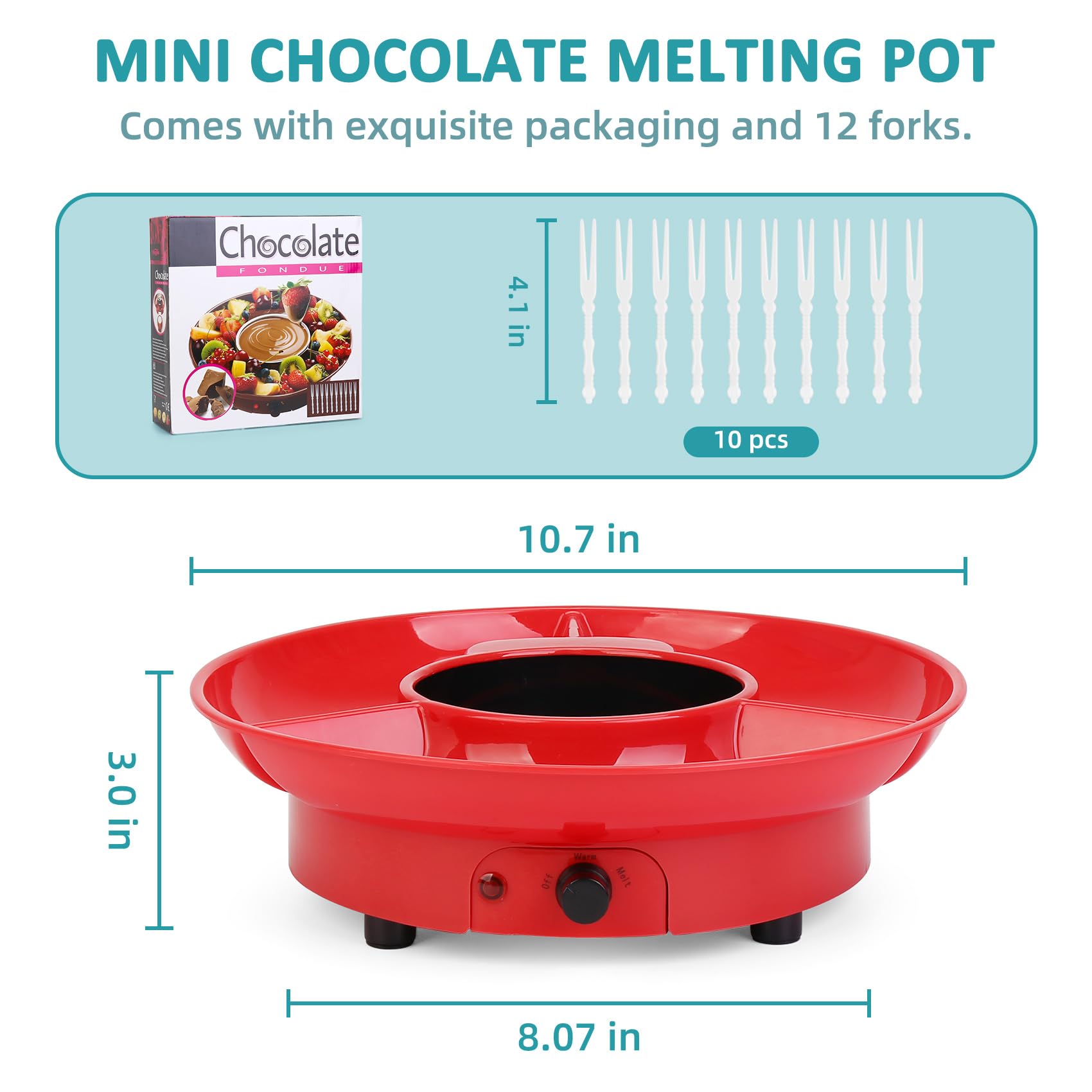 8.79oz MINI Electric Chocolate Melting Pot,Melting Fondue Set with 4PCS Forks,Cute Chocolate Fondue Fountain,Warmer Machine for Milk Chocolate,Cheese,Butter,Candy (Red)