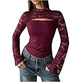 GORGLITTER Women's Lace Bell Long Sleeve Tops Y2k Sexy Mesh Mock Neck Crop Shirt Going Out Rave Outfits