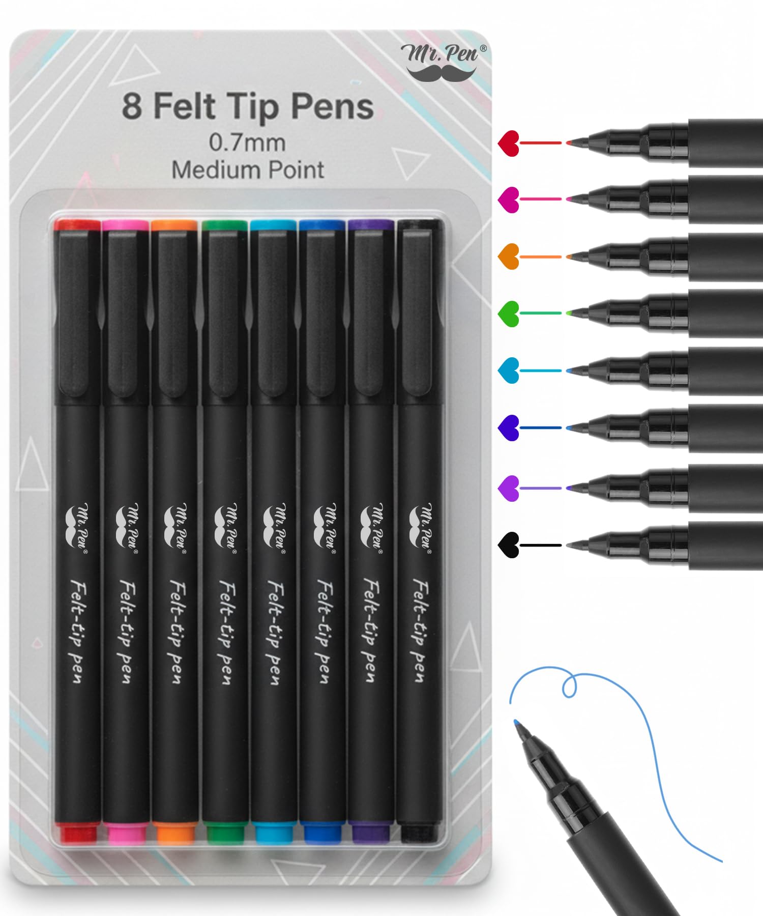 Mr. Pen Felt Tip Pens, Fine Point, Pack of 8, Fast Dry, No Smear, Assorted Colors, Journaling Pens, Planner Markers