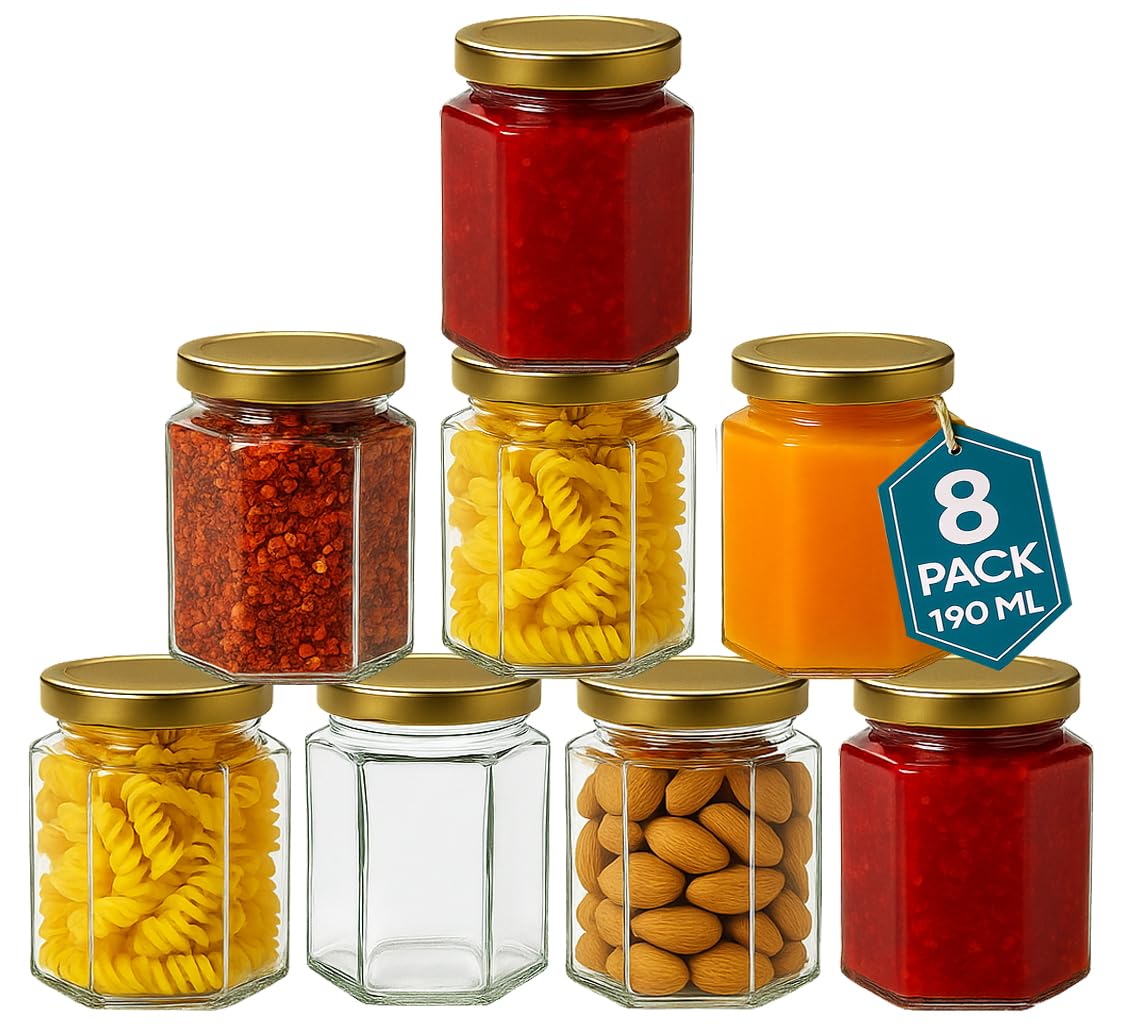 Offer Shop 190ml / 7 oz Hexagonal Glass Jars with Lid - Pack of 8 Clear Airtight Preserving Glass Jars for Jam, Yogurt, Pickle