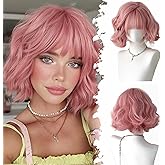 Lisook Pink Wigs for Women Short Bob Wig with Bangs 12 Inches Light Pink Wig Pastel Short Wavy Wig Curly Synthetic Wigs Cosplay Hair Replacement Wigs for Girl Daily Party Colorful Wigs Costume Use