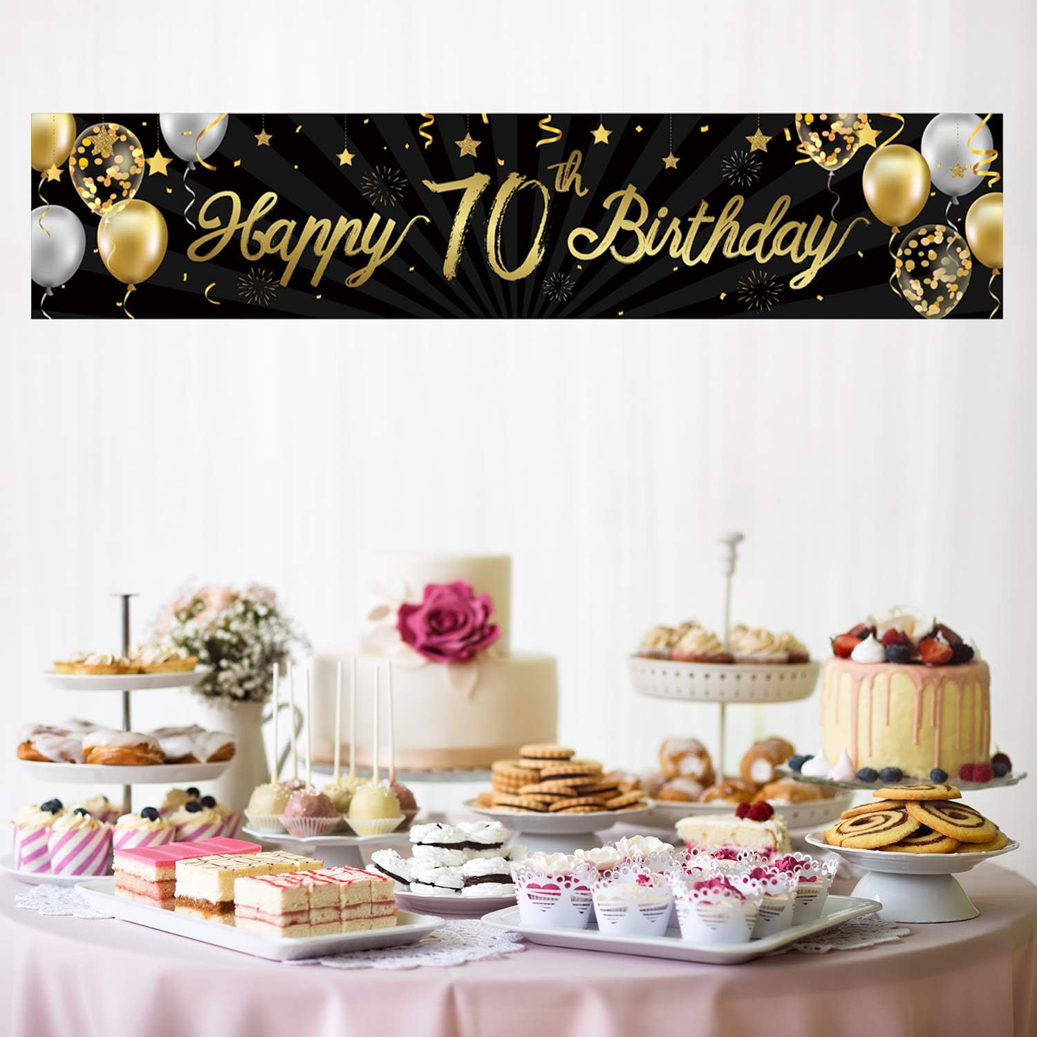 Happy 70th Birthday Banner Sign Black Gold Glitter 70 Years Birthday Party Decorations Supplies Anniversary Celebration Backdrop - Image 5