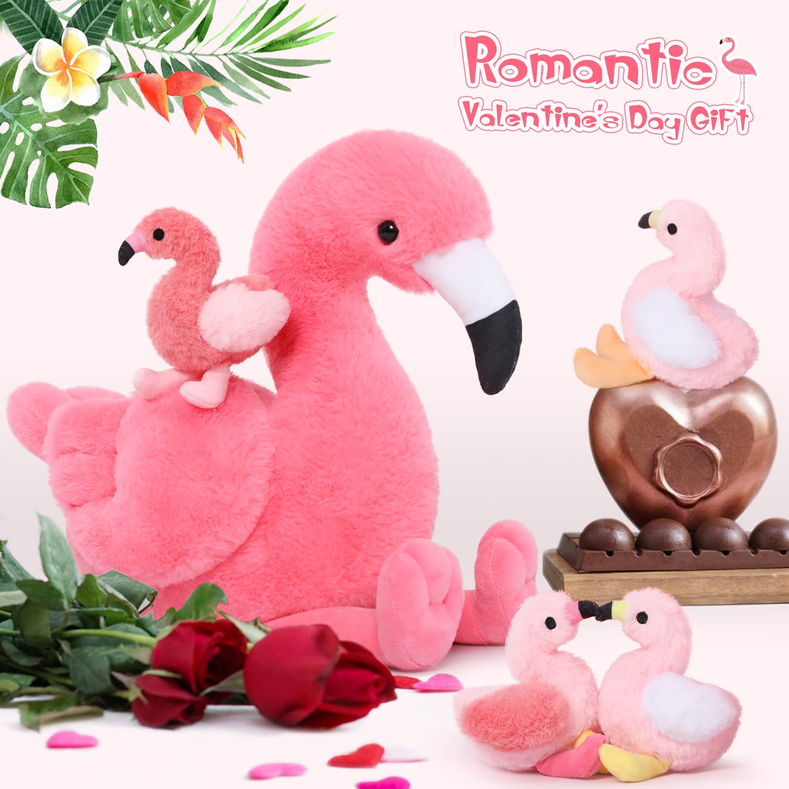 MorisMos 45cm sitzend Plüsch Flamingo mit 4 Baby im Bauch, Rosa Süß Kuschelig Flamingon Plüschtier Stofftier, Weich Spielzeug Dekokissen Geburtstag Themeparty Weihnachten Geschenk 3