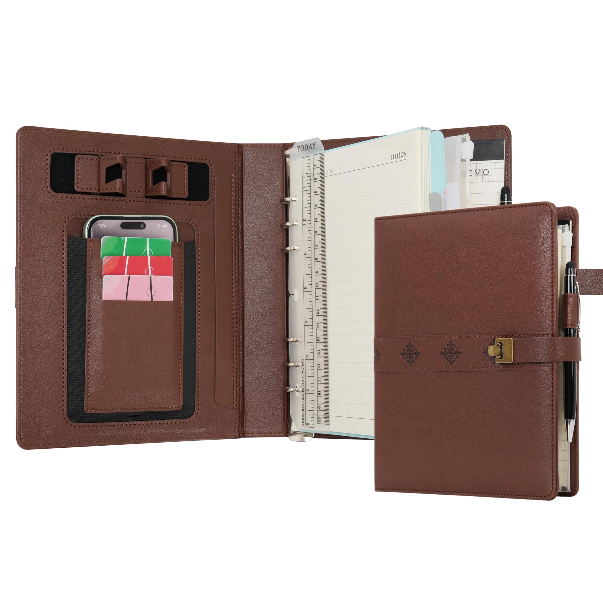 WASON A5 Diary PU Leather Composition Notebook Ruled Binder Journal with Pen, Refillable Paper, Removable Clipboard Portfolio, Notepad for Business Travel School Planner Organizer (Coffee)