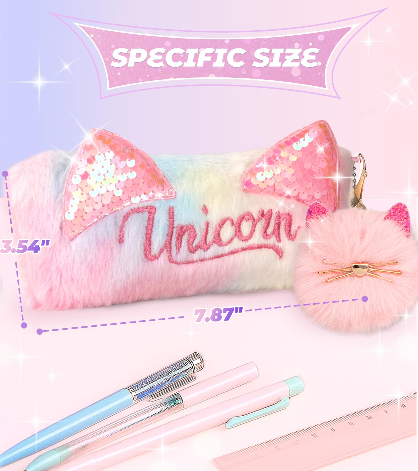 Cute Pencil Case for Girls - Back to School Stuff Zipper Pencil Case Aesthetic, Soft Plush Pen Bag for Students, Glitter Bling Study Supplies Stationery, Sparkly Cat Ear Sequin Makeup Bag