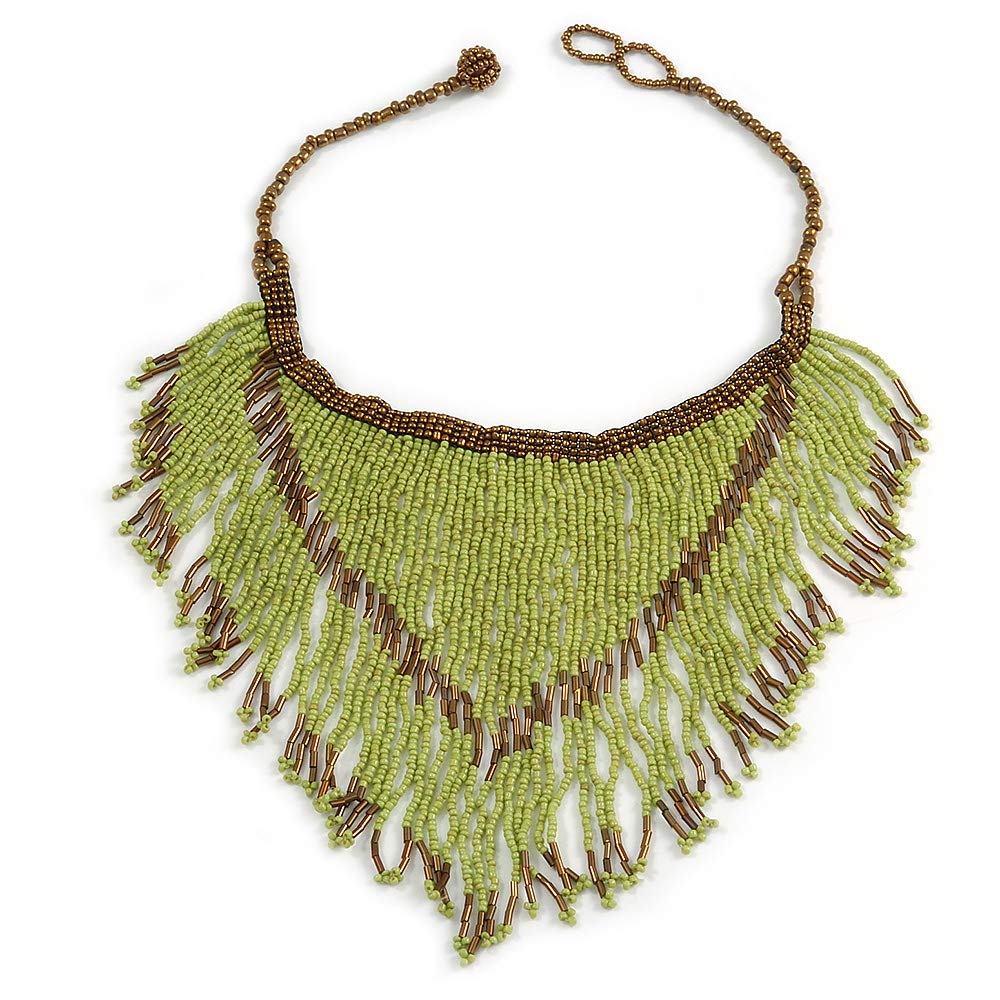 Avalaya Glass Bead Bib Style/Fringe Necklace In Lime Green/Bronze/40cm L/ 17cm Front Drop