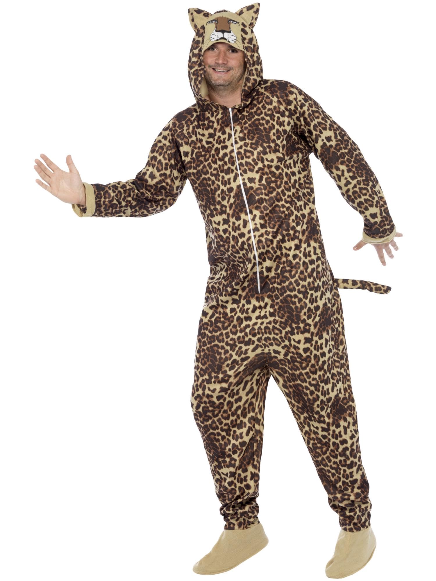 Smiffys Leopard Costume, Brown All In One with Hood, Party Animals Fancy Dress, Animal Dress Up Costumes