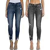 Women's Mid Waisted Jeans Trendy Distressed Stretch Ripped Butt Lift Denim Pants (Pack of 2)
