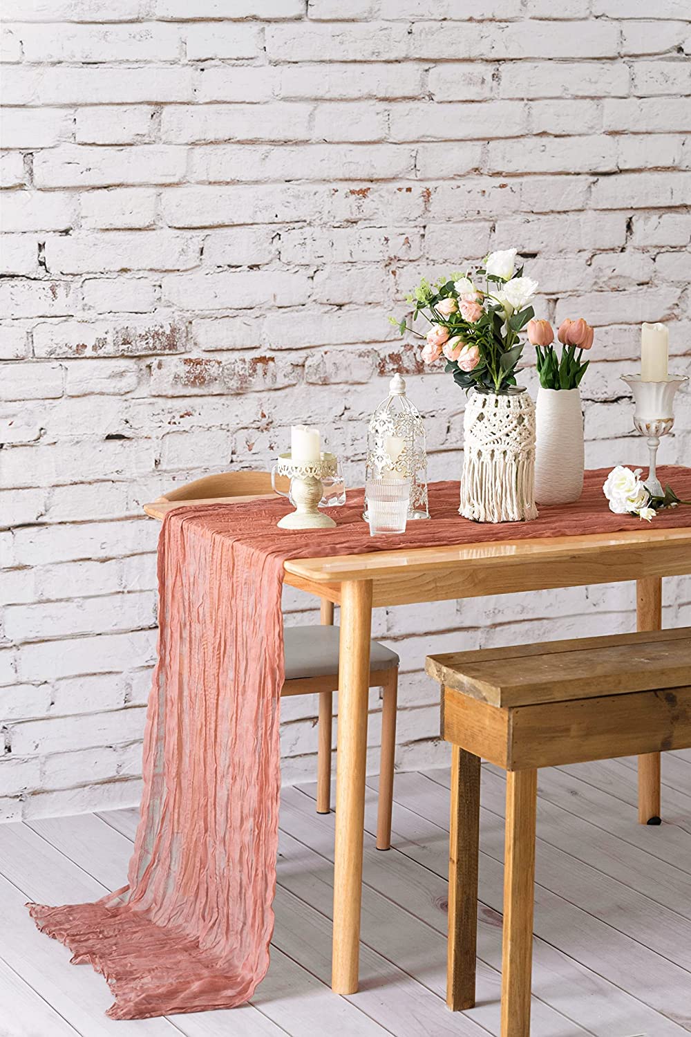 Dloapesy Semi-Sheer Table Runner Cheesecloth Gauze Cheesecloth Tablecloth Boho Rustic Table Cover for Kitchen Dining Room Bridal Shower Wedding Party Supplies (Dusty Pink, 90*400cm) — image 1