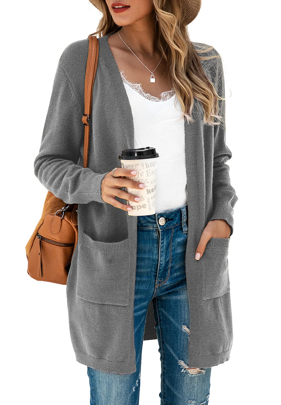 TASAMO Women's Loose Open Front Long Sleeve Solid Color Knit Cardigans Sweater Blouses with Packets (2X-Large,Light Gray) Image