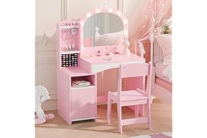 MU Kids Vanity, Girl Vanity Set with Mirror and Chair, 2 in 1 Toddler Makeup Vanity Table with Jewelry Storage, Wooden Princess Makeup Desk Dressing Table for Little Girls, Pink