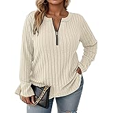 VISLILY Womens-Plus-Size-Long-Sleeve-Tops Quarter Zip Pullover Lightweight Knit Sweaters Casual Shirts Trendy Blouses Tunics