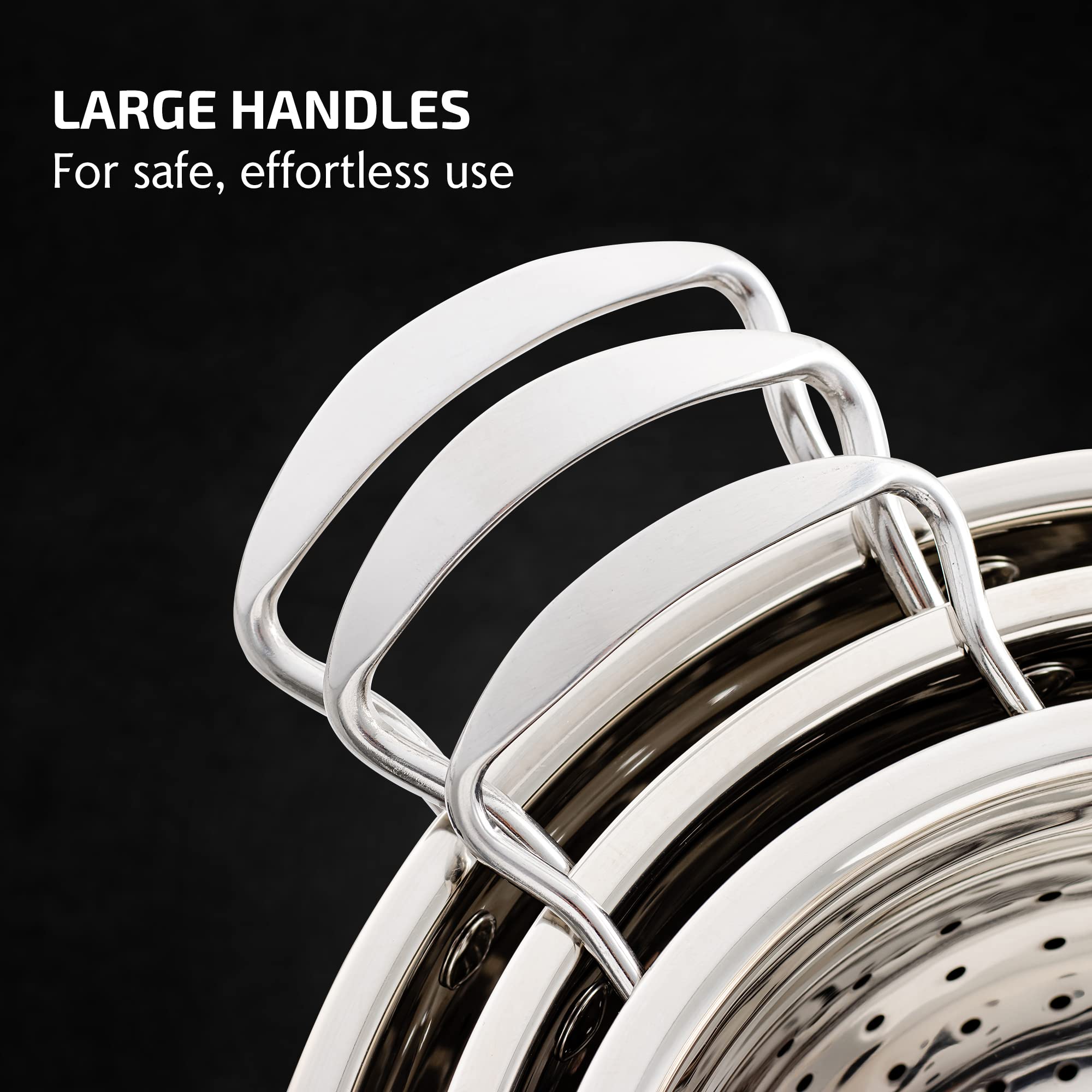 OVENTE Premium Stainless Steel Colander Set of 3 with Comfortable Large Handles, 1.5, 3, 5 Quarts Essential Kitchen Strainer for Draining Spaghetti Pasta, Rinsing Vegetables or Fruits, Silver C46263S