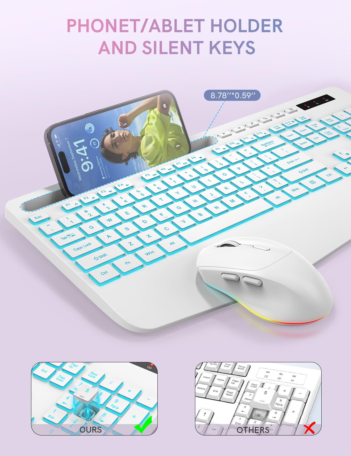 Wireless Keyboard and Mouse Combo with 7 Colored Backlits, Wrist Rest, Rechargeable Ergonomic Keyboard with Phone Holder, Silent Lighted Full Size Combo for Windows, Mac, PC, Laptop-Trueque (White)