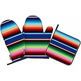 Samgula Mexican Oven Mitts and Pot Holders Sets Colorful Stripes Bright Art Heat Resistant 3pcs for Cooking Baking BBQ