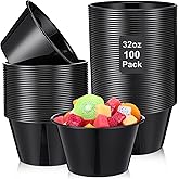 Newtay 100 Pcs 32 Oz Disposable Plastic Bowls Stackable Salad Bowls Large Serving Soup Tableware Candy Bar Containers for Party Salad Bar Buffet Serving (Black)