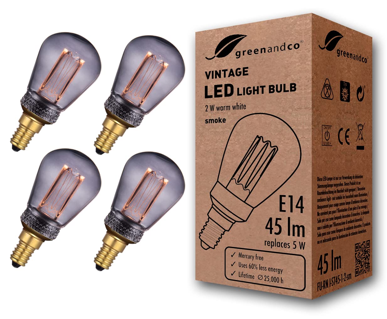 greenandco 4X Decorative LED Vintage Light Bulb | E14 ST45 | Smoke | 2W 45lm | 1800K Extra Warm White | 320° | 230V | Flicker Free | Not Dimmable