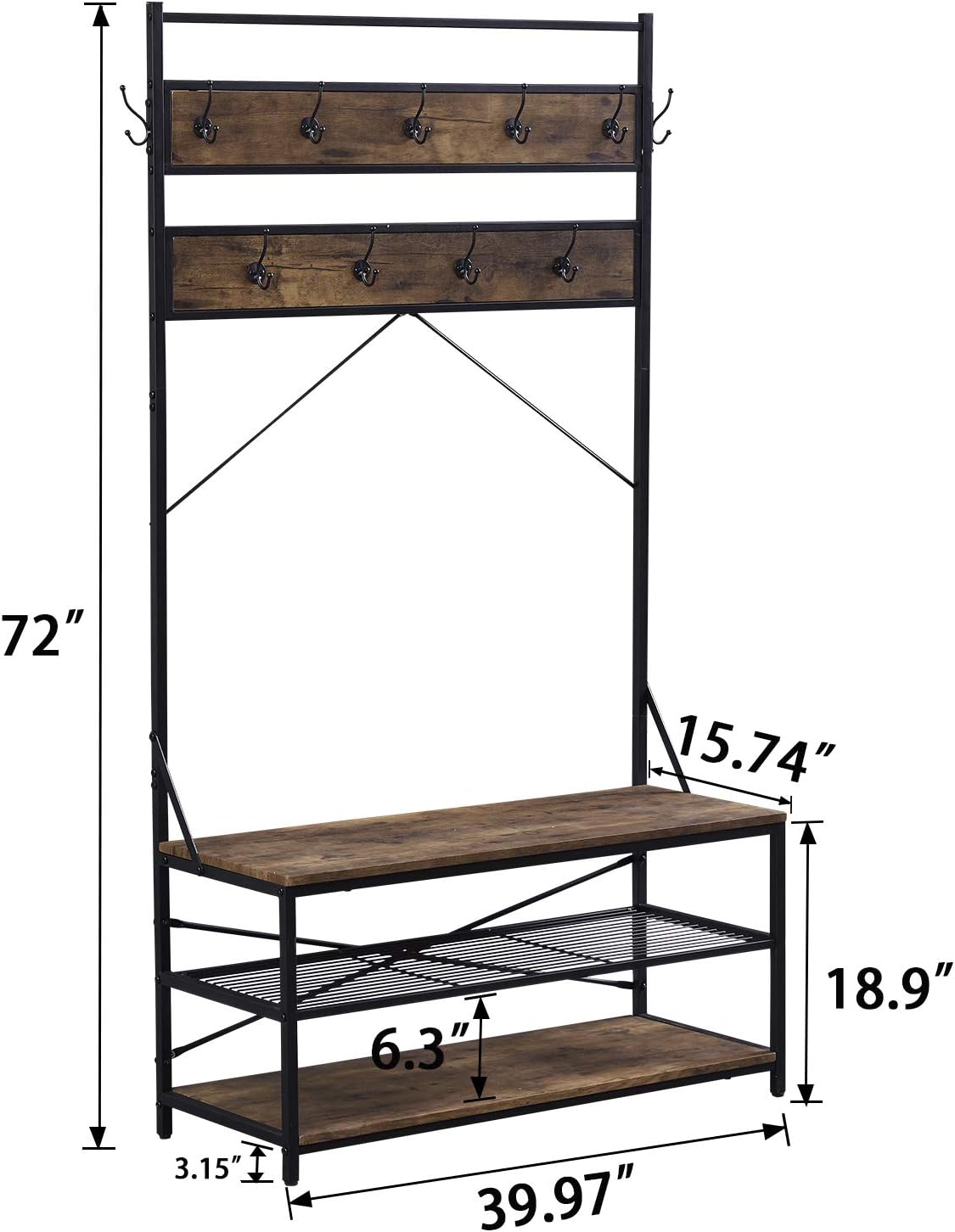3-in-1 Entryway Coat Rack,Vintage Industrial Hall Tree 72 Inch with Storage Bench and Coat Racks Entryway Storage Shelf Organizer with 9 Hooks， Large Size, Wood Look Accent Furniture with Metal Frame: Home & Kitchen