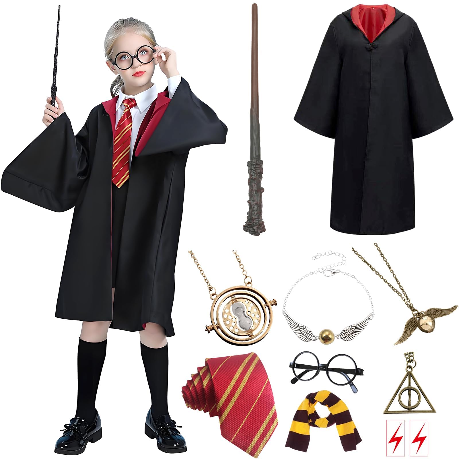 ZOCONE 11 PCS Wizard Costume Cosplay, Wizard Robe Magician Costume Cosplay set with Gryffindor Robe Magic Wand Glasses Tie Necklace Harry Wizard costume for Kids Halloween
