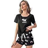 WDIRARA Women's 2 Piece Sleepwear Pajama Set Cartoon Print Tee Top and Shorts Loungewear