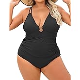 Curvagile Women's One Piece Swimsuit Plus Size Tummy Control V Neck Swim Romper Bathing Suit Double Straps Backless Swimwear
